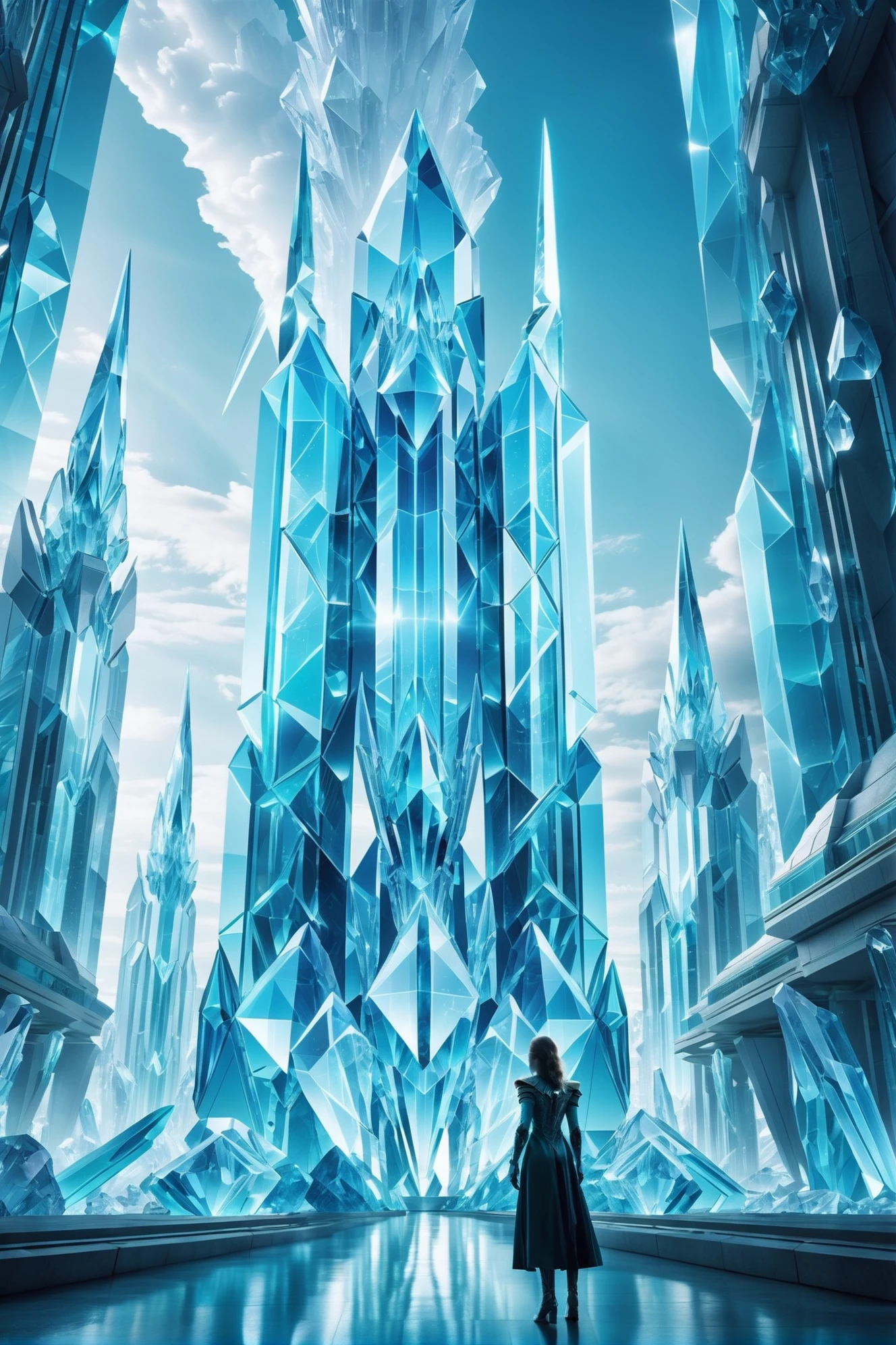 ultra deep aqua crystal classicism, photograph, promotional still, cinematic color grading, scifi, Phantasmal,gargantuan fantasy metropolis outside of time, crystal buildingsd<lora:EnvyBetterHiresFixXL01:0:hr=1><lora:EnvyCrystalXL01:1>