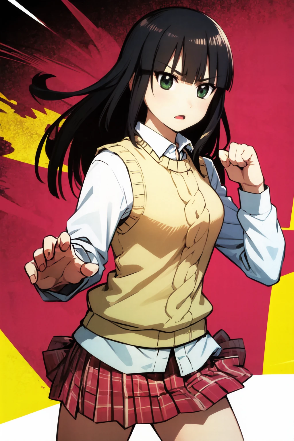 aragad, 1girl, solo, school uniform, sweater vest, white shirt, plaid skirt, open mouth, hand up, fighting stance, floating hair, abstract background, <lora:aragad_V2-10:0.7> <lora:GoodHands-vanilla:1>
