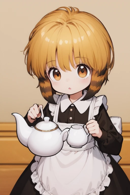 <lora:nyannyan:0.8> nyannyan, 1girl, multicolored hair, brown eyes, gold hair, short hair. toddler, a very young child, cowboy Shot,
Gothic Maid, cafe, tea,
masterpiece, high quality, very_high_resolution, large_filesize, full color,
