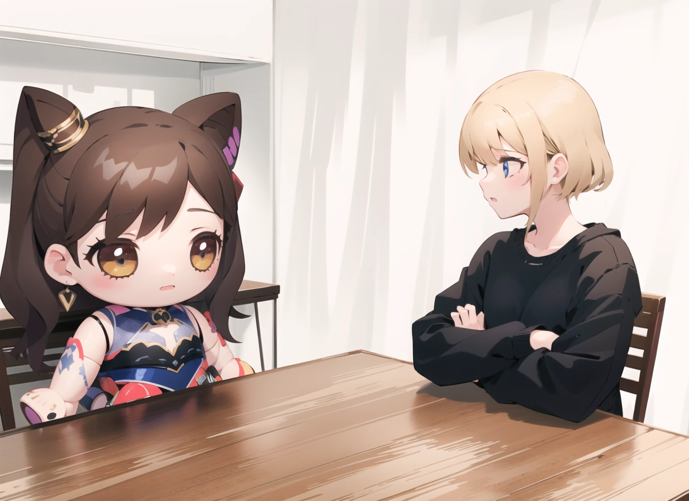 doqute doll,  table, 1girl, indoors,  <lora:doqute_doll_meme_v1:0.9>