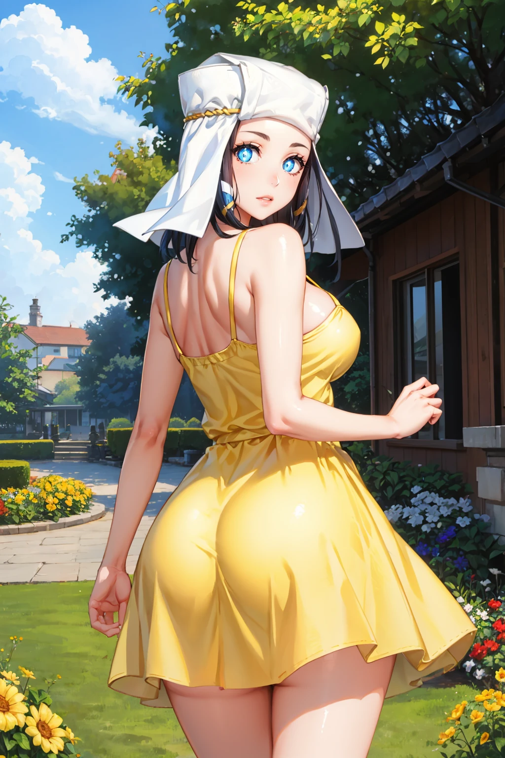 masterpiece, best quality,  <lora:ffarrow-nvwls-v1-000009:0.9> ffarrow, symbol-shaped pupils, white headwear, large breasts, from behind, (yellow sundress:1.4), garden, looking at viewer