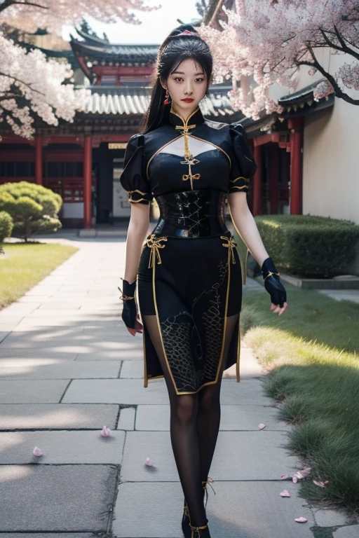 ltra-detailed,highly detailed,best quality,masterpiece,illustration,realistic,
ninghongye,longzhidao, solo, 1girl,
black hair, ponytail, long hair, hair ribbon, hair ornament,
chinese clothes, china dress,ribbon,puffy short sleeves, corset, tassel, clothing cutout, fingerless gloves, pantyhose,
looking at viewer, cowboy shot, walking,
outdoors, nature,grass,cherry blossoms, falling petals, east asian architecture, courtyard,
<lora:ninghongye longzhidao_v1_07:0.7>
