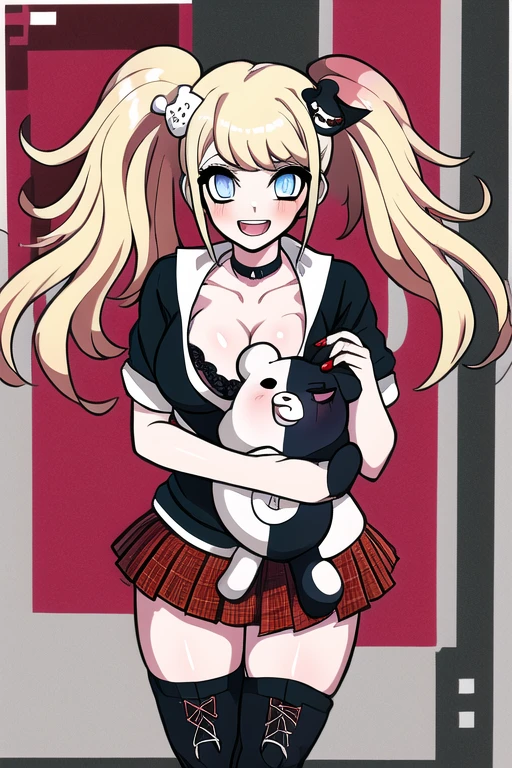 (illustration, masterpiece, best quality, detailed, official art, hdr, vibrant:1.1), <lora:EasyNegativeV2:0.8>, <lora:badhandv4:0.8><lora:monokuma-bt:0.7>, monokuma, holding, 1girl, <lora:Junko Enoshima:0.8>, Junko Enoshima, 1girl, enoshima junko, breasts, skirt, solo, long hair, cleavage, twintails, hair ornament, necktie, blue eyes, smile, red skirt, bear hair ornament, boots, bangs, red nails, large breasts, bow, nail polish, red bow, collarbone, choker, shirt, blush, blonde hair, looking at viewer, open mouth, teeth, plaid skirt, thighhighs, black shirt, pleated skirt, white necktie, upper teeth only, shiny, black footwear, :d, black bra, bra, miniskirt, shiny hair, plaid, black choker, cowboy shot, sleeves rolled up, <lora:drunkoakStyle:0.8>,