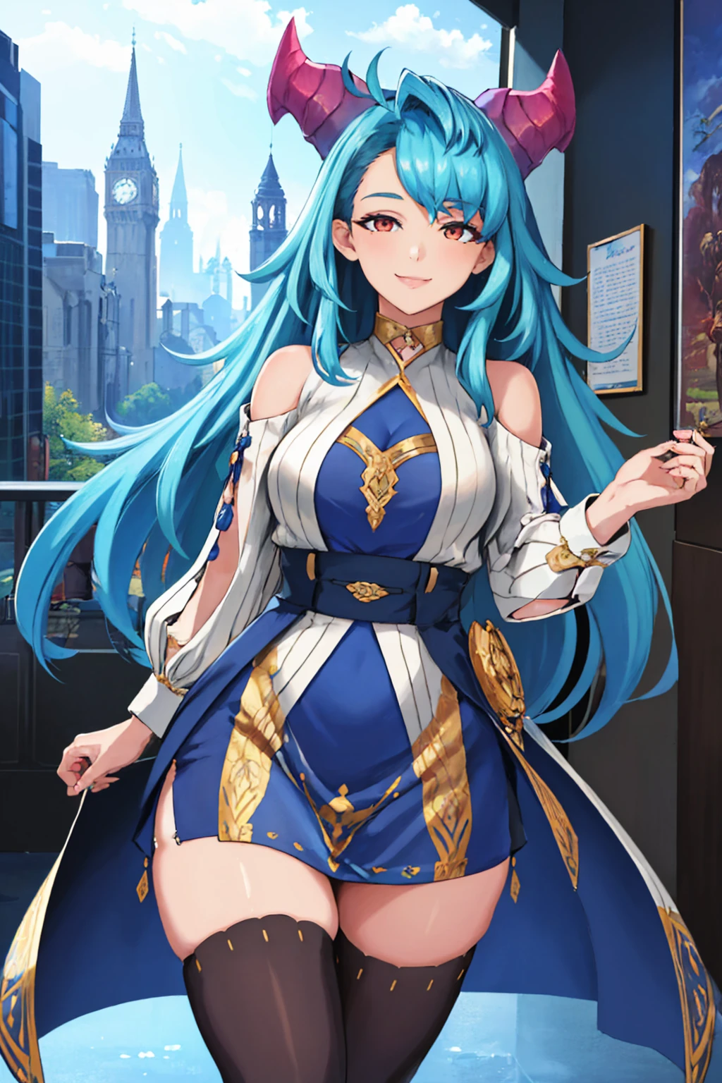 (masterpiece, best quality:1.2), solo, 1girl, humanmercury, smile, looking at viewer, horns, dress, clothing cutout, shoulder cutout, thighhighs <lora:dragalialost_mercury-17:1>