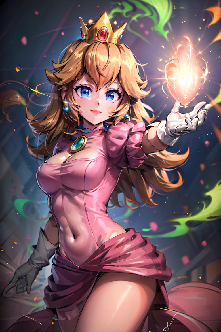 <lora:Aura_v1:0.6>, Aura, energy, glowing,swirling energy, dynamic pose, ((masterpiece,best quality)), absurdres, <lora:Princess_Peach_Nintendo:0.8>, Princess_Peach, (pink dress), blonde hair, blue eyes, long hair, crown, gem, gloves, puffy sleeves, short sleeves, white gloves, solo, smiling, looking at viewer, cowboy shot,