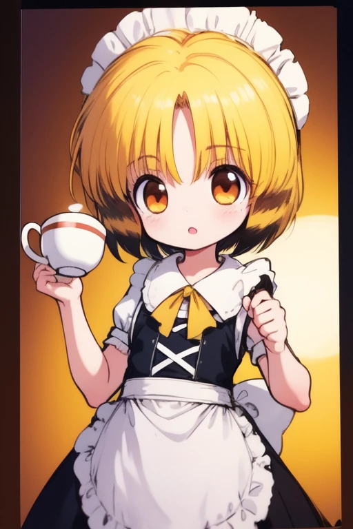 <lora:nyannyan:0.8> nyannyan, 1girl, multicolored hair, brown eyes, gold hair,  short hair.  toddler, a very young child,  cowboy Shot,
Gothic Maid, cafe, tea,
masterpiece, high quality, very_high_resolution, large_filesize, full color,