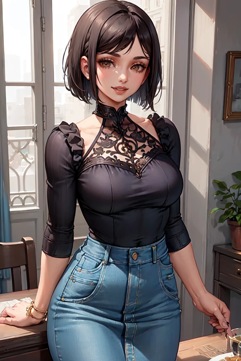 ((masterpiece,intricate details)),1girl,mature female,bob cut,brown eyes,smile,,
Classic denim midi skirts
((upper body))