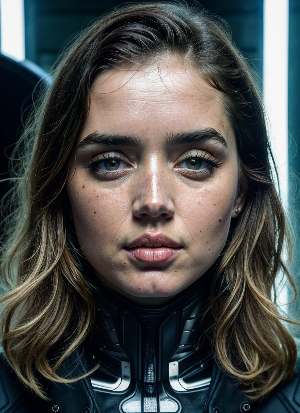 full color sci-fi portrai photo of a stunning intricate 30 year old sks woman wearing cyber leather armor, illustration portrait cyberpunk, futuristic neon reflective wear, by Andreas Gursky, natural lighting, ((metart)) <lora:skin_slider_v2_1_FACE:0.7>, Detailed render, sci-fi, robot parts, ismail inceoglu dragan bibin rene margitte illustrated, perfect face, ((tattoo)), matte skin, pores, wrinkles, hyperdetailed, hyperrealistic, Moody Lighting, Hasselblad Award Winner, Soft Diffuse Lighting, Smirk, machine face, fine details, realistic shaded, intricate, elegant,, ana de armas <lora:lora-small-ana-de-armas-v1:0.2> <lora:locon_anadearmas_v1_from_v1_64_32:0.4> anadearmas-ti