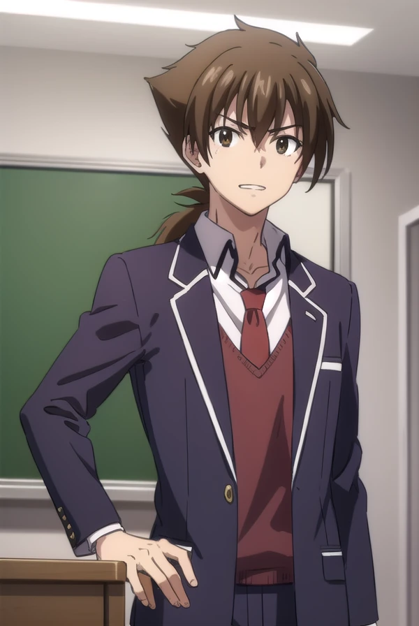 isseihyoudou, <lora:issei hyoudou anime s1-lora-nochekaiser:1>,
issei hyoudou, brown hair, (brown eyes:1.5), male focus, smile, grin,
BREAK long sleeves, school uniform, jacket, necktie, pants, black jacket, red necktie,
BREAK indoors, classroom,
BREAK looking at viewer, (cowboy shot:1.5),
BREAK <lyco:GoodHands-beta2:1>, (masterpiece:1.2), best quality, high resolution, unity 8k wallpaper, (illustration:0.8), (beautiful detailed eyes:1.6), extremely detailed face, perfect lighting, extremely detailed CG, (perfect hands, perfect anatomy),