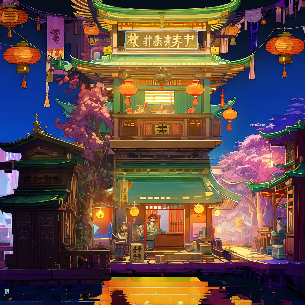 <lora:水墨åé:0.8>,scenery,building,lantern,outdoors,water,night,architecture,paper lantern,east asian architecture,multiple girls,tree,city,sitting,cyberpunk chinese town scene,2d game scene,