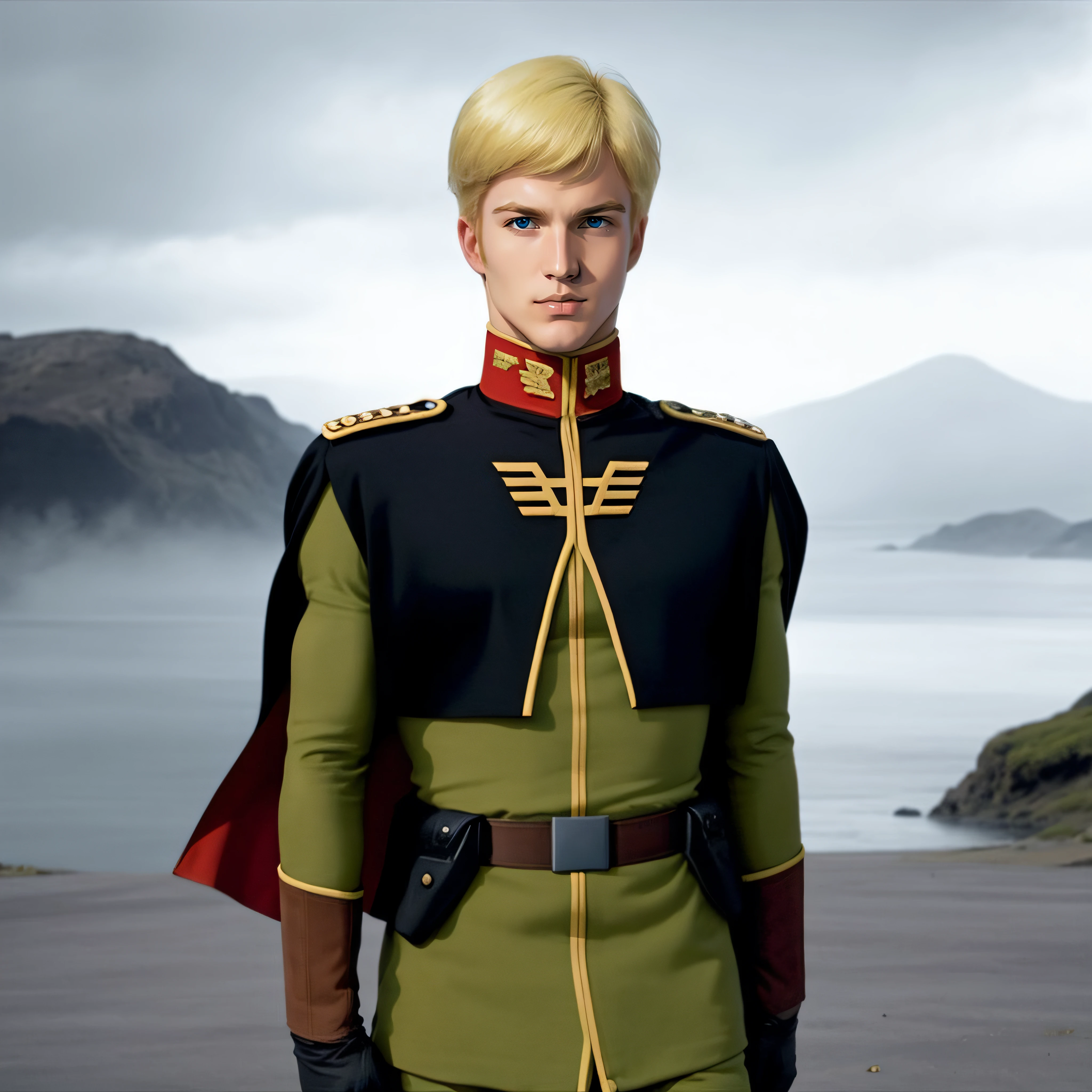 photorealistic, cinematic, <lora:zeon officer aam:0.8>, zeon officer, uniform, man, blonde hair, cape