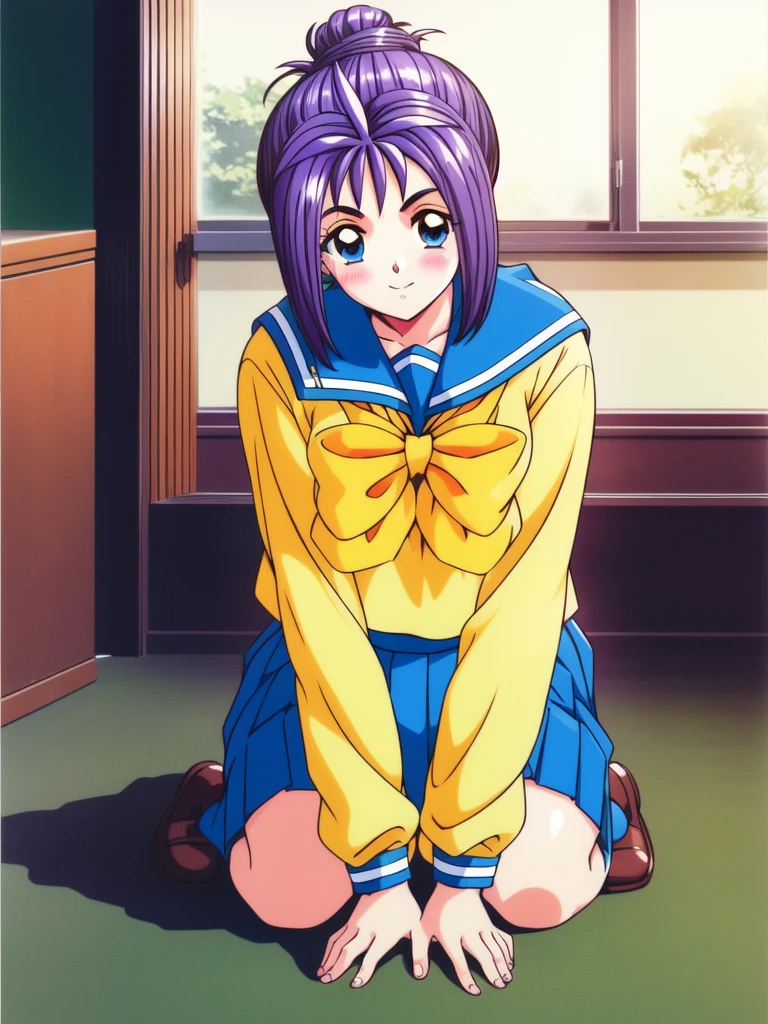 <lora:KatagiriAyako:1> KatagiriAyako, 1girl, solo, school uniform, long sleeves, serafuku, skirt, blush, school in the room, bow, v arms, purple hair, blue eyes, yellow bow, full body,
masterpiece, high quality, very_high_resolution, large_filesize, full color,