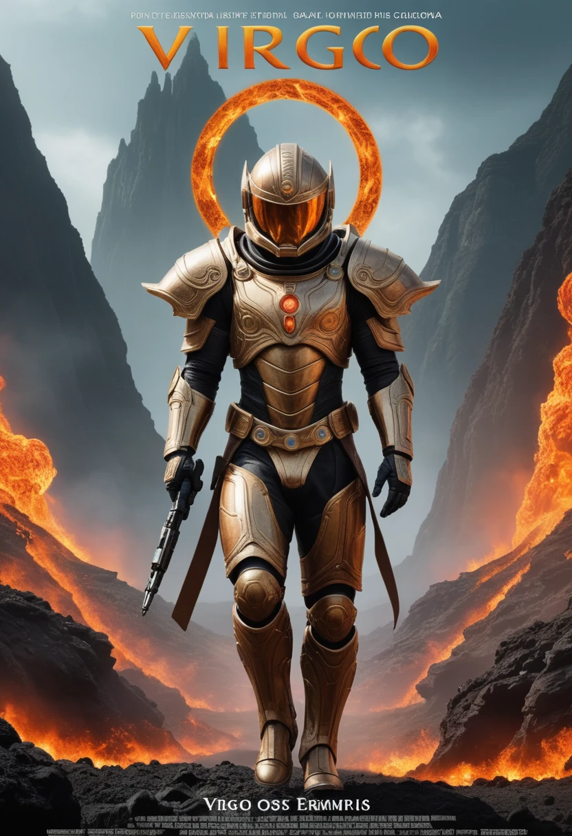 (movie poster with title and text graphics:1.3) (under the title banner text logo "V\I\R\G\O":1.5), Full body character portrait of an extraterrestrial emperor in tectonic armor with magma ornamentation, walking forward, epic unsplash, centered