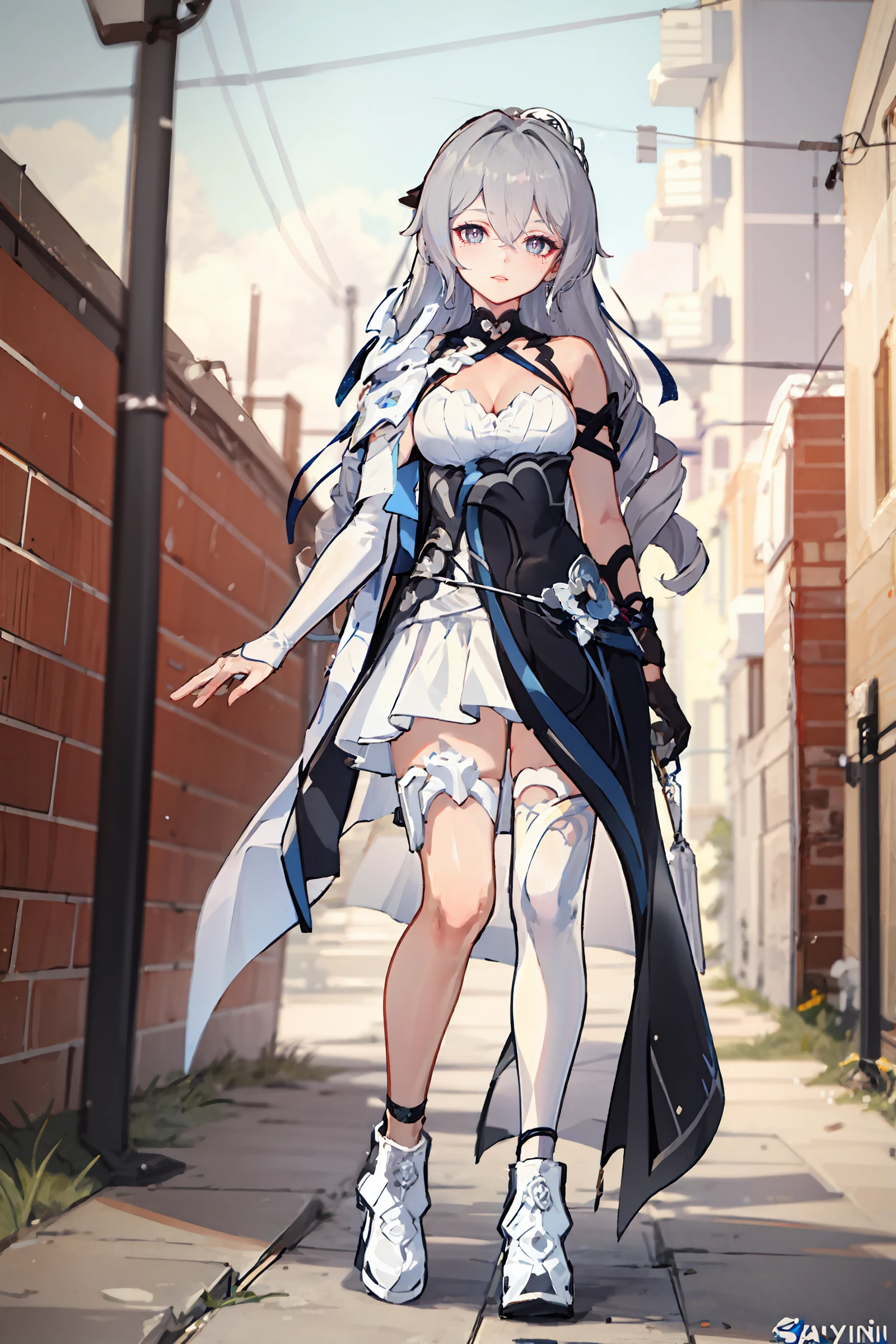 (best quality, masterpiece:1.2), 1girl, big red eyes,decend eyelids, white long hair,white dress, Purple 2horns on head, Purple demon tail, blush,full body, in street