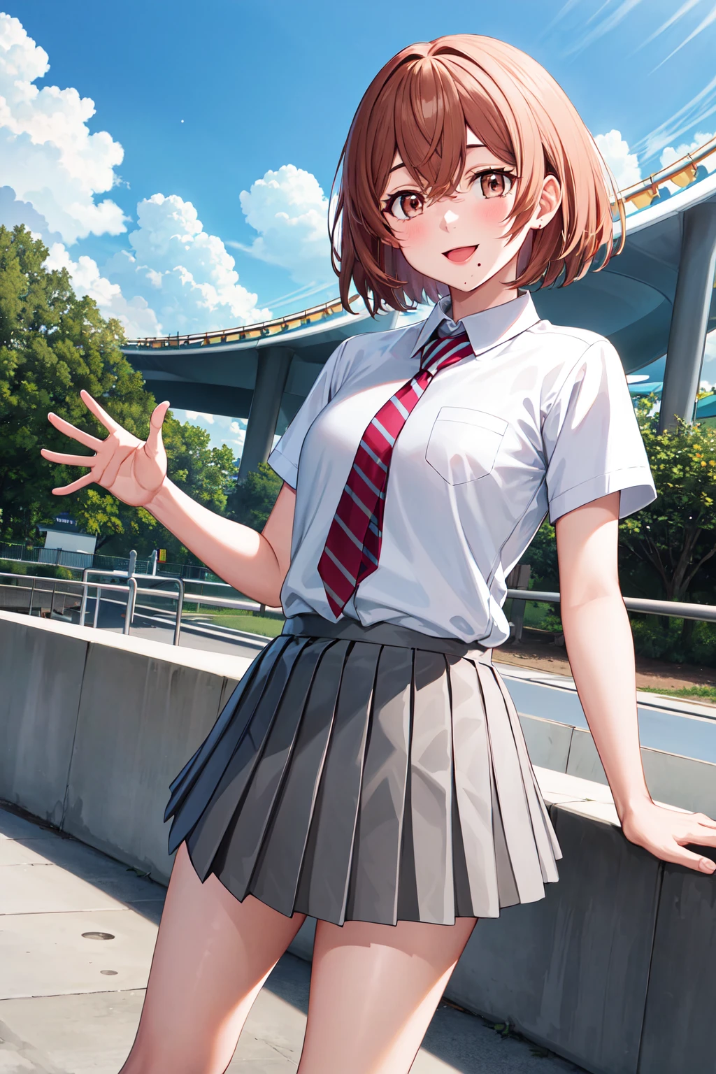 masterpiece, best quality, highres, 1girl, solo, short hair, brown hair, brown eyes, mole, striped necktie, collared shirt, white shirt, short sleeves, pleated skirt, grey skirt, <lora:tachibana_hinata_v1:0.7>, standing, outdoors, smile, waving, amusement park,