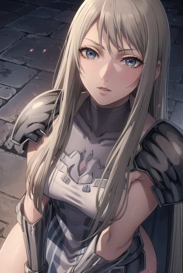 claymoregalatea, <lora:claymore galatea-lora-nochekaiser:1>,
galatea, long hair, blonde hair, very long hair, (grey eyes:1.5),
BREAK boots, cape, armor, knee boots, grey skin,
BREAK outdoors,
BREAK looking at viewer, (cowboy shot:1.5),
BREAK <lyco:GoodHands-beta2:1>, (masterpiece:1.2), best quality, high resolution, unity 8k wallpaper, (illustration:0.8), (beautiful detailed eyes:1.6), extremely detailed face, perfect lighting, extremely detailed CG, (perfect hands, perfect anatomy),