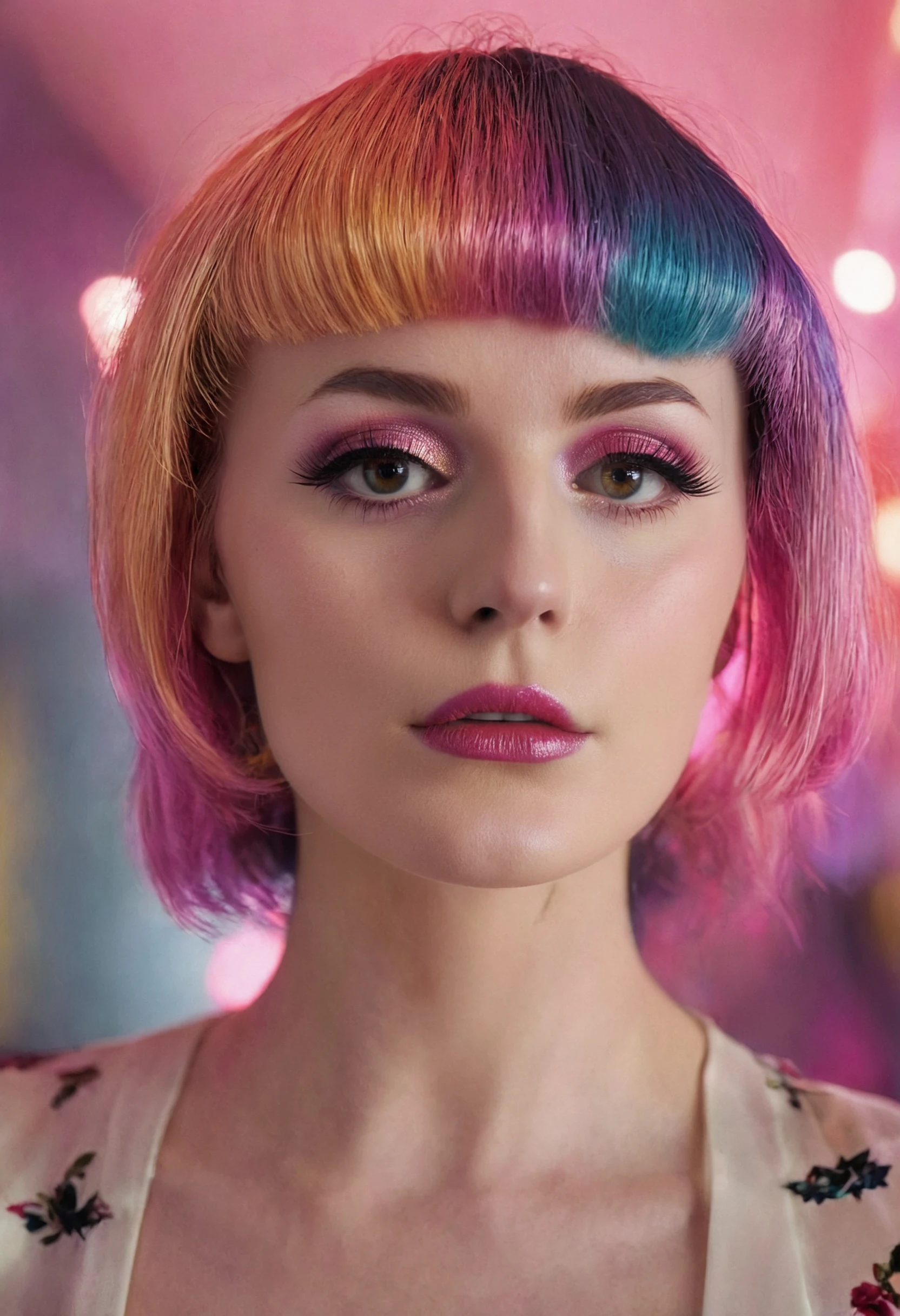 cinematic film still (symmetrical) (close-up:1.2) headshot zoom, glam portrait, honest, RAW, sharp, face focus, (skin pores:0.1) ((ohwx woman)) (rainbow hair:0.1), blunt bangs, looking at viewer, hyper detailed, hard lighting, subsurface scattering, caustics, cinematic, (in style of Platon) shot on Canon EOS 5D Mark IV 24-70mm f/2.8 1/125s 400 Natural light, reflectors, ((wearing a silk blouse))   <lora:Tweetney_SDXL_v1.0a:1.1>,  . shallow depth of field, vignette, highly detailed, high budget, bokeh, cinemascope, moody, epic, gorgeous, film grain, grainy