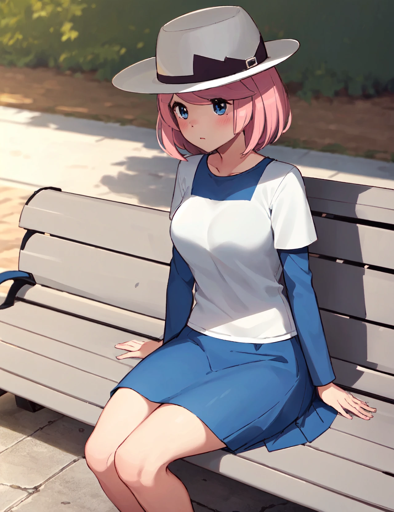 (masterpiece, best quality, hi res:1.2), 1girl, solo, <lora:Yancy Pokemon (pkyancy) (yancyidol)-9:0.7>, pkyancy, blue skirt, white shirt, hat, long sleeves, large breasts, short hair, bangs, park, sitting, on bench, short over long sleeves, blue sleeves