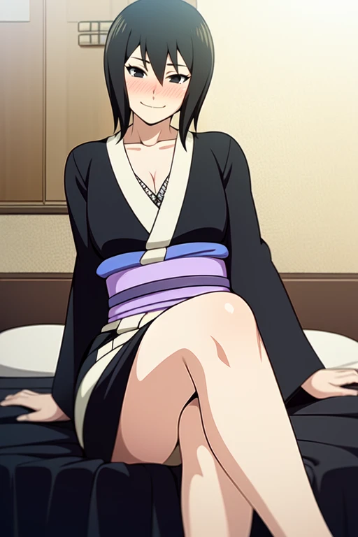 Shizune, short hair, black hair, black eyes, black kimono, white trim, light purple obi, smile, collarbone, mesh shirt, japanese hotel room, bed, sitting, crossed legs, thigh, exposed leg, blush