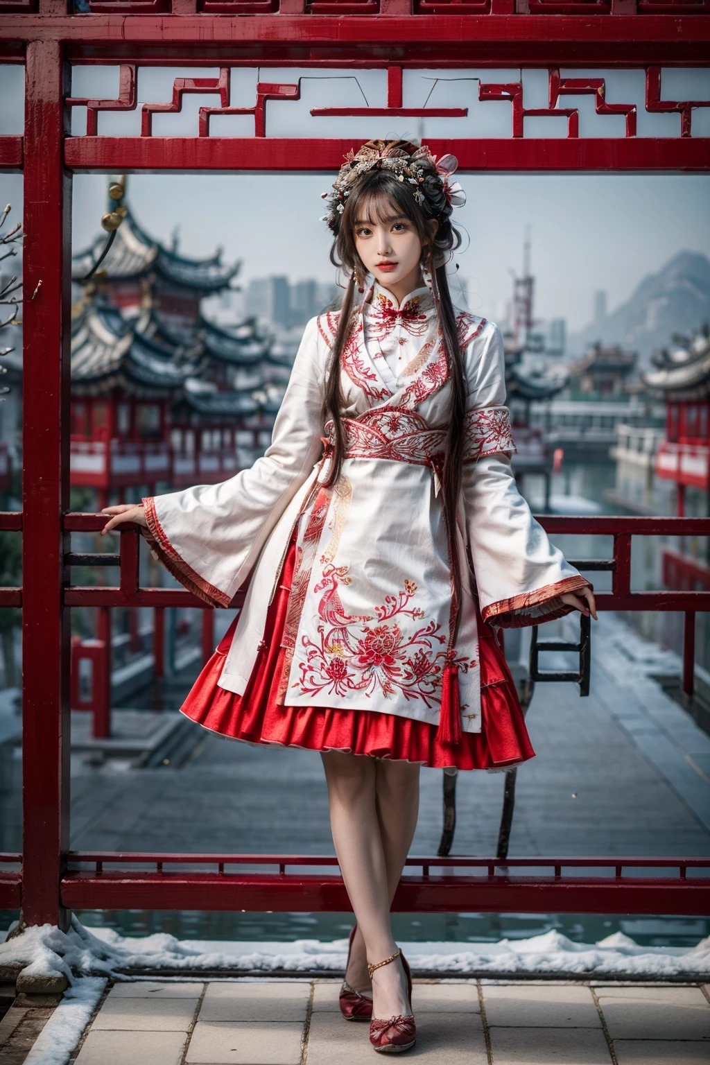 best quality, masterpiece, photorealistic, 1girl, solo, long straight hair, blunt bangs, looking at viewer, full body, hair ornament, cyb dress, chinese clothes, long sleeves, wide sleeves, armband, outdoors, snow, chinese architecture, chinese garden, tree, flower, <lora:add_detail:1>, <lora:cn_style_modern_attire_vol2_style5_v1:0.7>