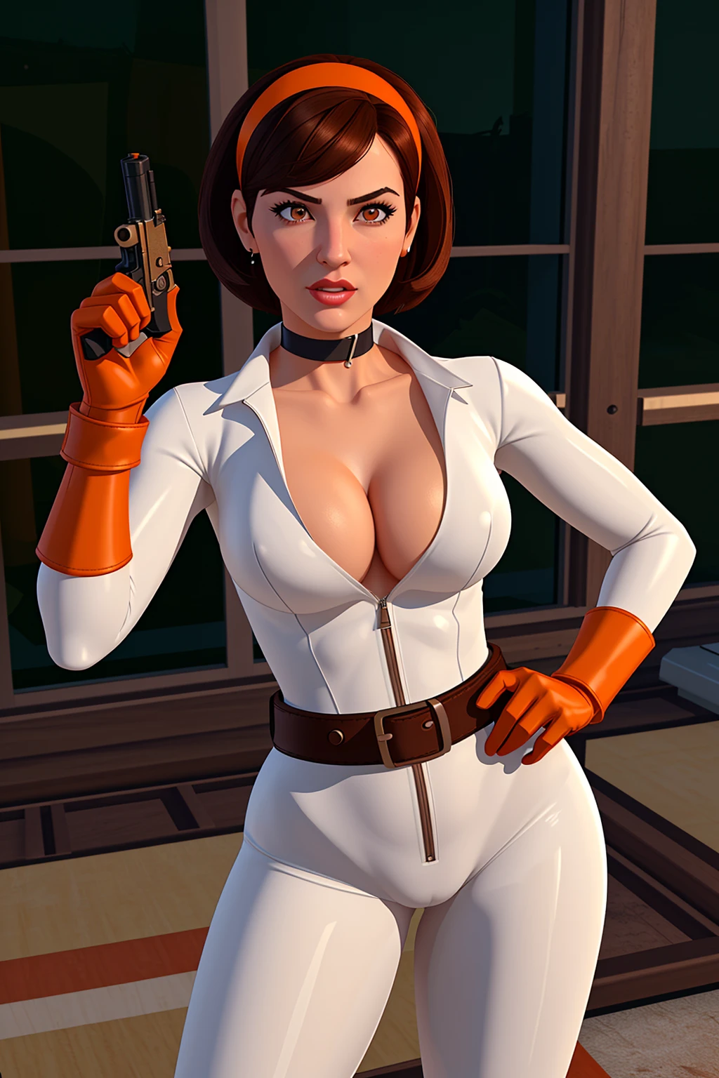 nolfcatearcher, 1girl, short hair, brown hair, gloves, cleavage, weapon, hairband, choker, belt, hand on hip, gun, bodysuit, handgun, orange and white bodysuit, 3d, 1960s style
<lora:CateArcher:0.8>