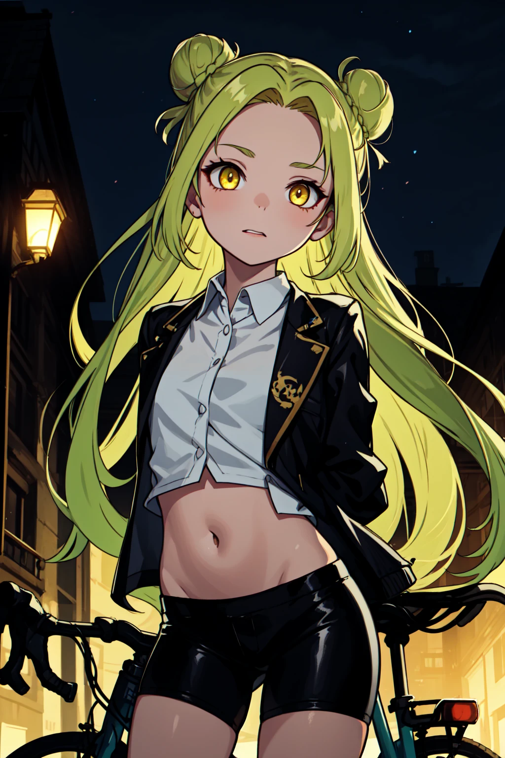 (masterpiece, best quality, SFW:1.2), trending on artstation, decorations, low saturation , bioluminescent details
BREAK
1girl, scared, looking down, forehead, (cute, petite:1.2), flat_chest, (green yellow hair, long hair, hair bun, straight hair:1.2), (light golden yellow eyes:1.2)
BREAK
( collared shirt, cropped jacket, see-through, yellow bike shorts)
BREAK
navel focus,Extreme Close-Up Shot, object hug,arms behind back
BREAK
building, control tower