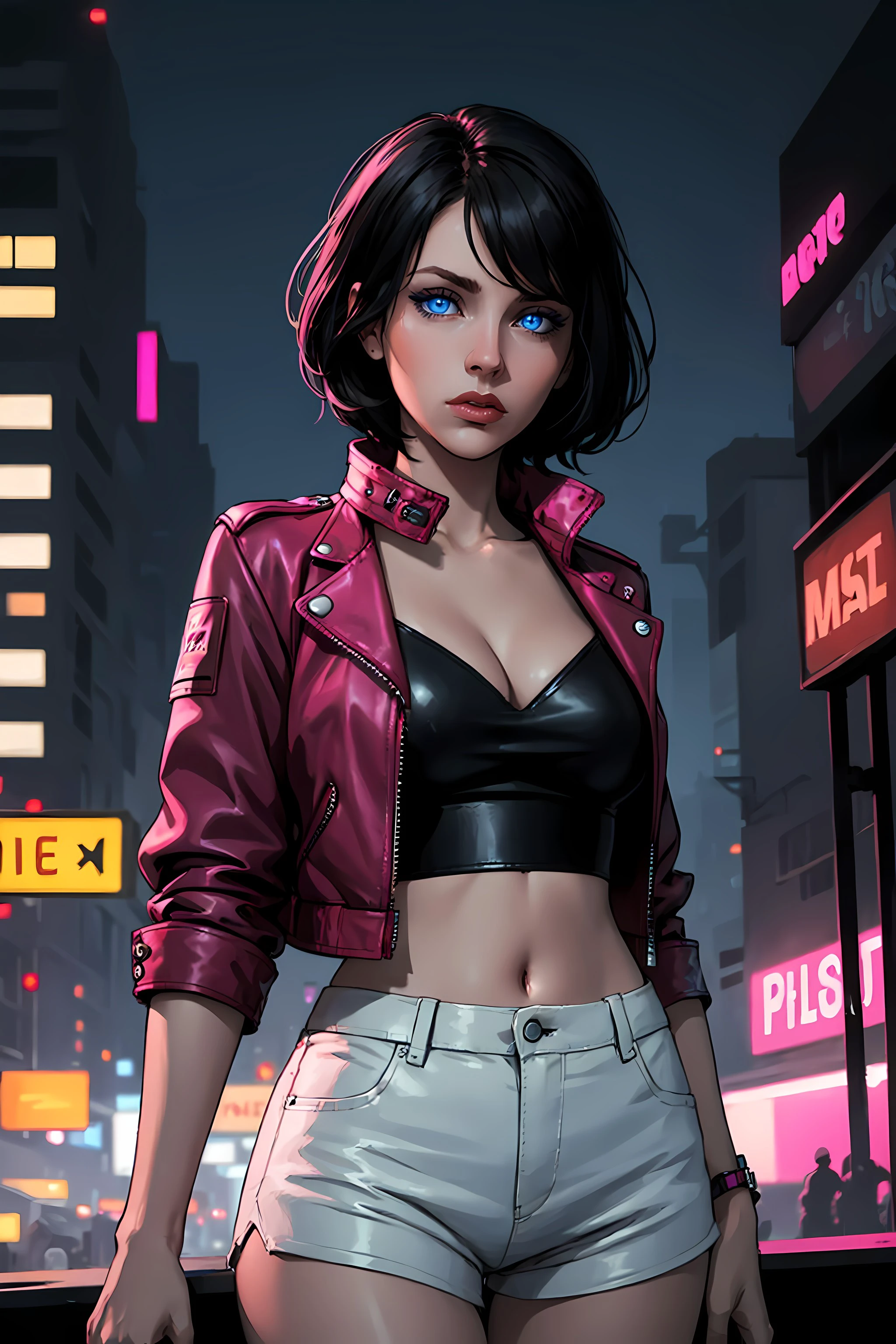 (masterpiece, highest quality, illustration), sci-fi, dystopian, upper body, solo, woman, short black hair, blue eyes, small breasts, midriff, cleavage, pink cropped leather jacket, black top, white shorts, facing the viewer, standing, city, night, neon