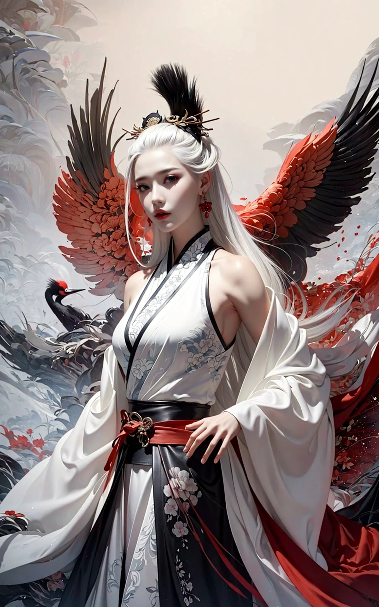 Ink painting, ink painting, splash-ink, ink splash, calligraphy, Chinese characters, Chinese character background
(Red crowned crane:1.2)1girlWhite hair, Hanfu,upper body
A shot with tension(sky glows red,Visual impact,giving the poster a dynamic and visually striking appearance:1.2),Chinese Zen style,impactful picture,
<lora:~Q?-d Red crowned crane:0.8>