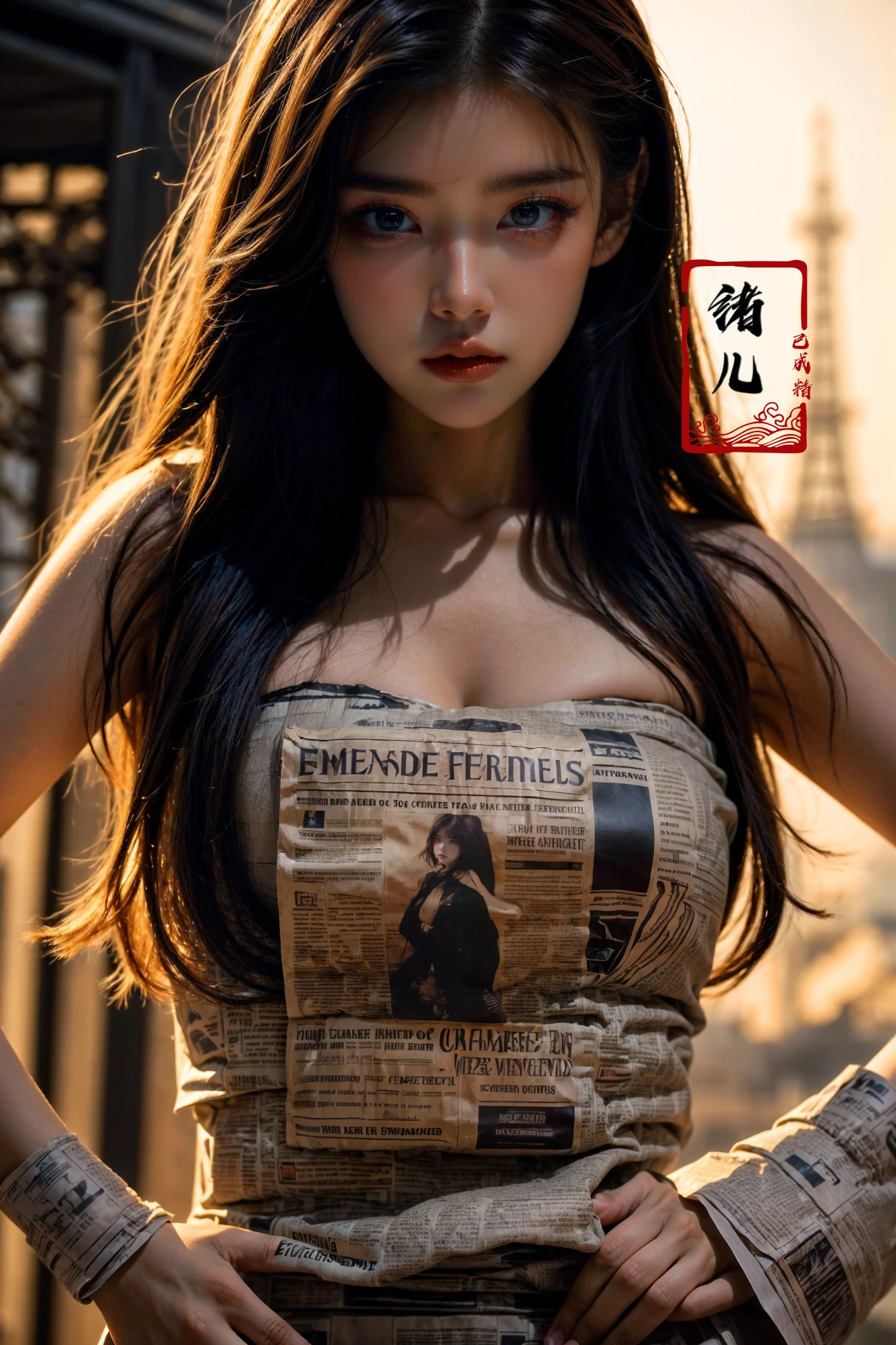 (best quality),((masterpiece)),(highres), (extremely detailed 8K wallpaper),(panorama:1.5)outdoors (imid shot:0.95),(imid shot,macro shot:1.25), Eiffel Tower(Newspaper dress:1.1)
((((dramatic))), (((gritty))), (((intense))) film poster featuring a young woman as the central characterA shot with tensionVisual impact,giving the poster a dynamic and visually striking appearance,
She stands confidently in the center of the poster, wearing a stylish and edgy outfit, with a determined expression on her face,   The background is dark and gritty, with a sense of danger and intensity, The text is bold and attention-grabbing, with a catchy tagline that adds to the overall feeling of drama and excitement(blonde hair:1.1)
The scene is framed by the iconic Eiffel Tower in the background, which stands tall and proud, its iron beams reaching up to the skyThe lighting is soft and warm, casting a golden glow over the woman and the piano, while the tower is softly illuminated in the background
<lora:~Q?-b~g
 Newspaper dress:0.8>