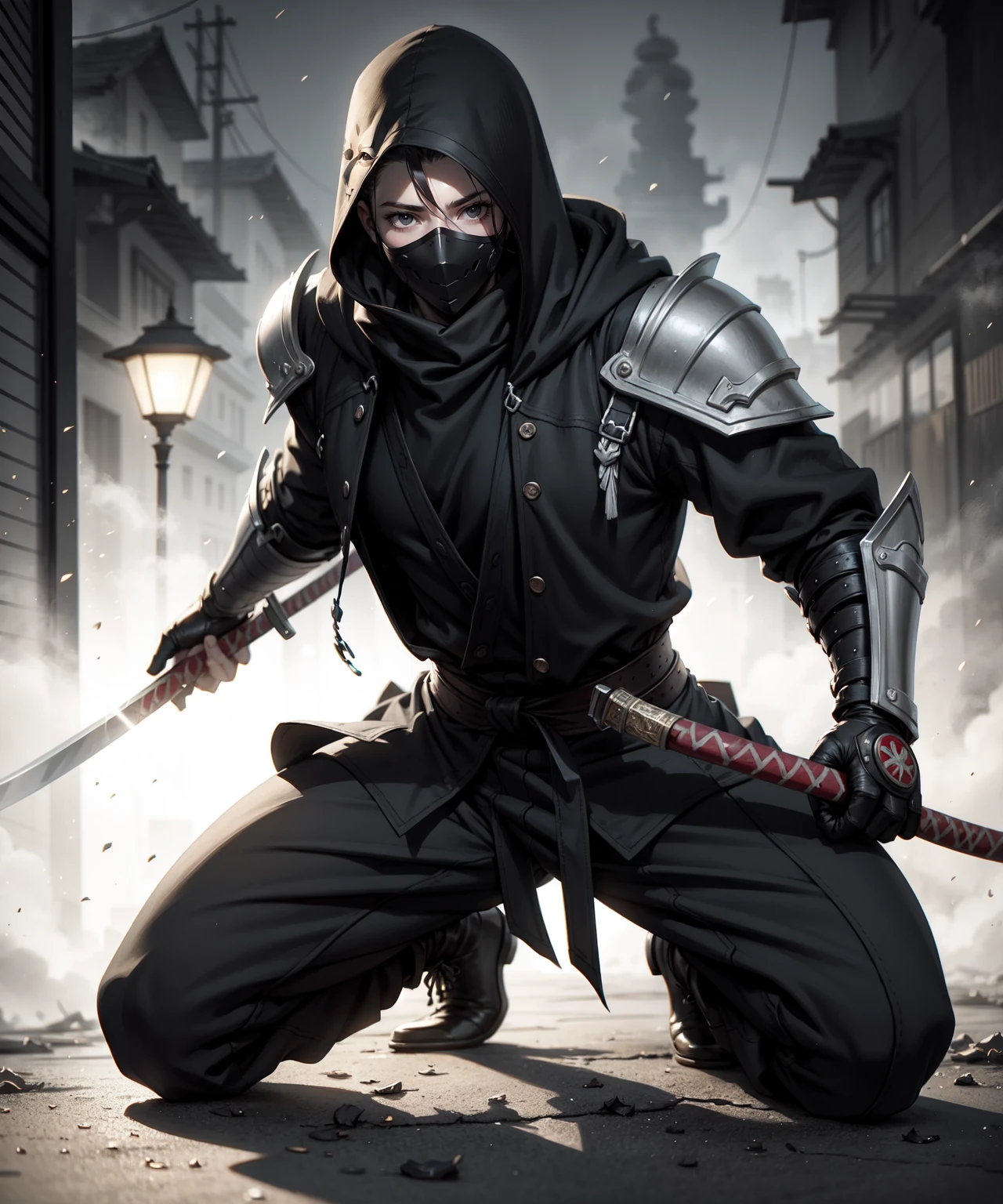((8k, best quality, masterpiece:1.3)), ((realistic skin texture:1.2)), ((photorealistic:1.3)), ((Rule of thirds)),
((dark background)), (((shadow play))), (vibrant colors)), ((warm lighting)), ((action photography)), (dynamic pose), ((provocative)),
intricate lighting, outside, ((swirling fog)), fantasy art, bright glow, heavy rain,
ninja, katana, mask, black cloak, ninja costume,