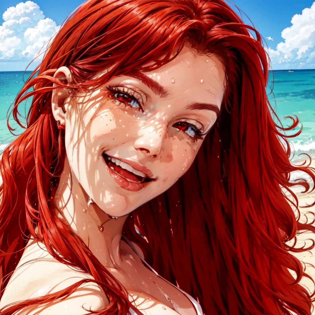 a woman standing on the beach in a red bikini, smiling, portrait <lora:SheSpawnLoRA:1> (SheSpawn with red hair in a red and white ), beautiful eyes, beautiful girl, high detail skin, high detail eyes, high detail hair, highres, ultra detailed, detailed pores, imperfect skin, detailed reflective shiny skin, diffused skin pores,sharpen picture, Highly detailed, masterpiece, best quality