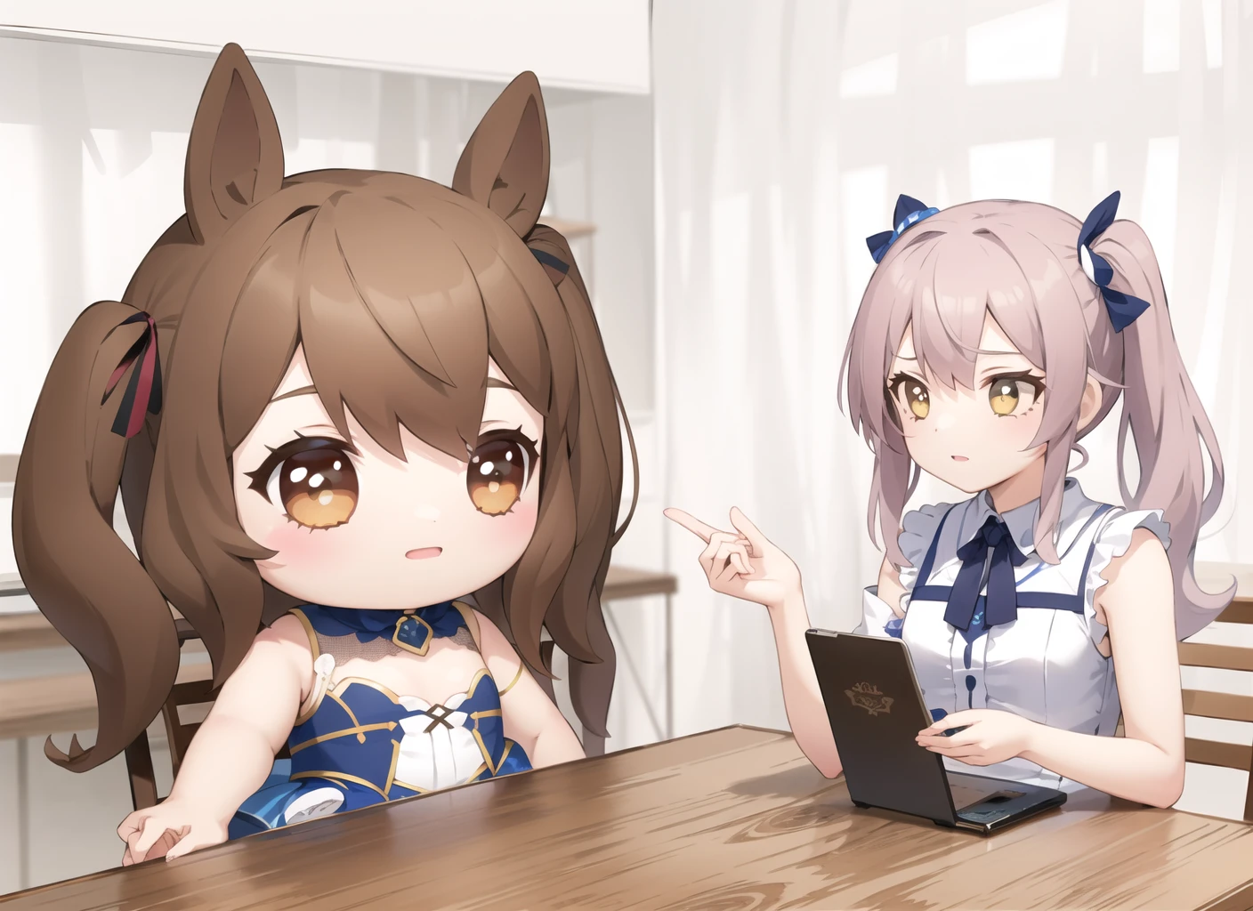 doqute doll,  table, 1girl, indoors, sidelocks, dress, sleeveless,  <lora:doqute_doll_meme_v1:0.85>