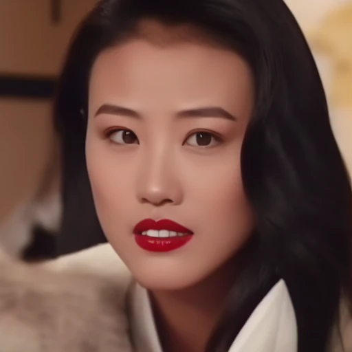 KathyChow,  defined jawline, high cheekbones, almond-shaped eyes with dark irises,  well-defined and arched eyebrows,  a look of intensity or concentration, straight nose,  refined nasal bridge. full lips,  a red or crimson shade of lipstick.