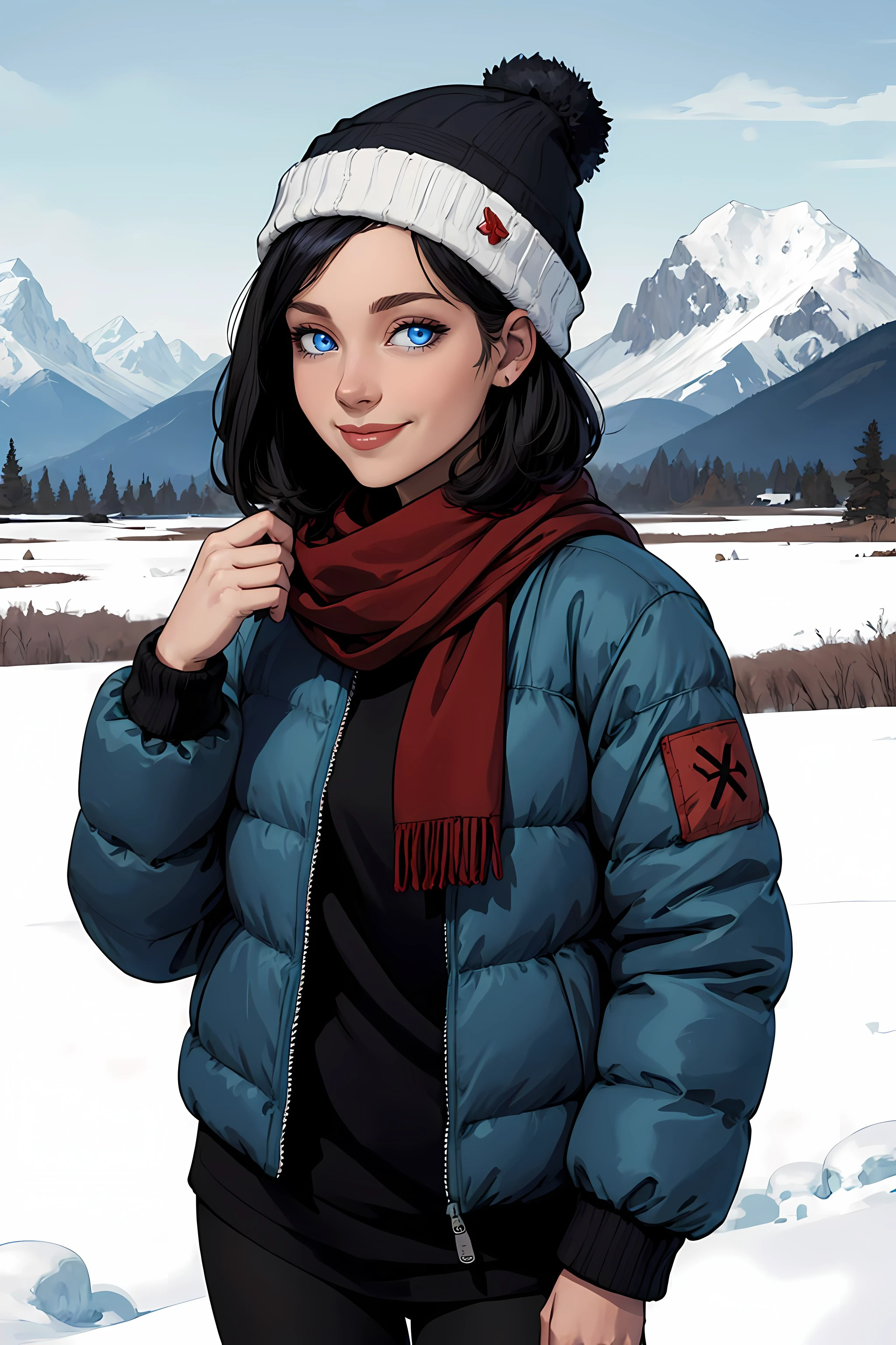 (masterpiece, highest quality, illustration), medium shot, solo, woman, smile, short black hair, blue eyes, puffy jacket, scarf, beanie, long sleeves, facing the viewer, standing, mountains, snow