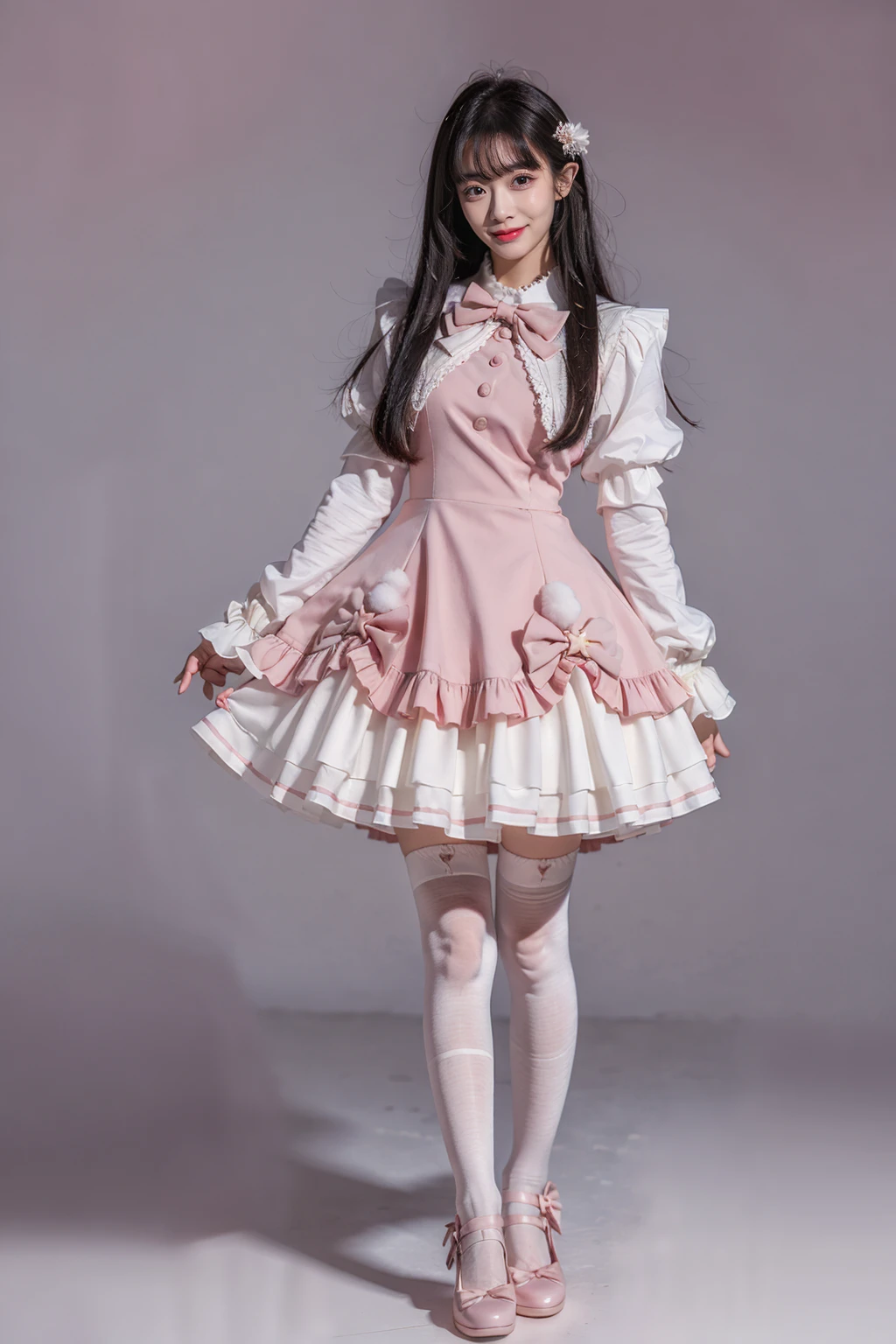 best quality, masterpiece, photorealistic, 1girl, solo, long straight black hair, blunt bangs, looking at viewer, full body, cyb dress, pink dress, long sleeves, puffy long sleeves, bow, white thighhighs, mary janes, simple background, <lora:cute_dress_style1_v1:0.7>