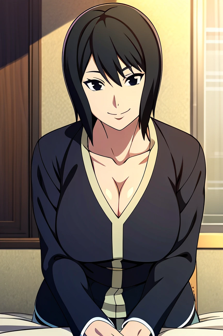 Shizune, short hair, black hair, black eyes, smile, collarbone, cleavage