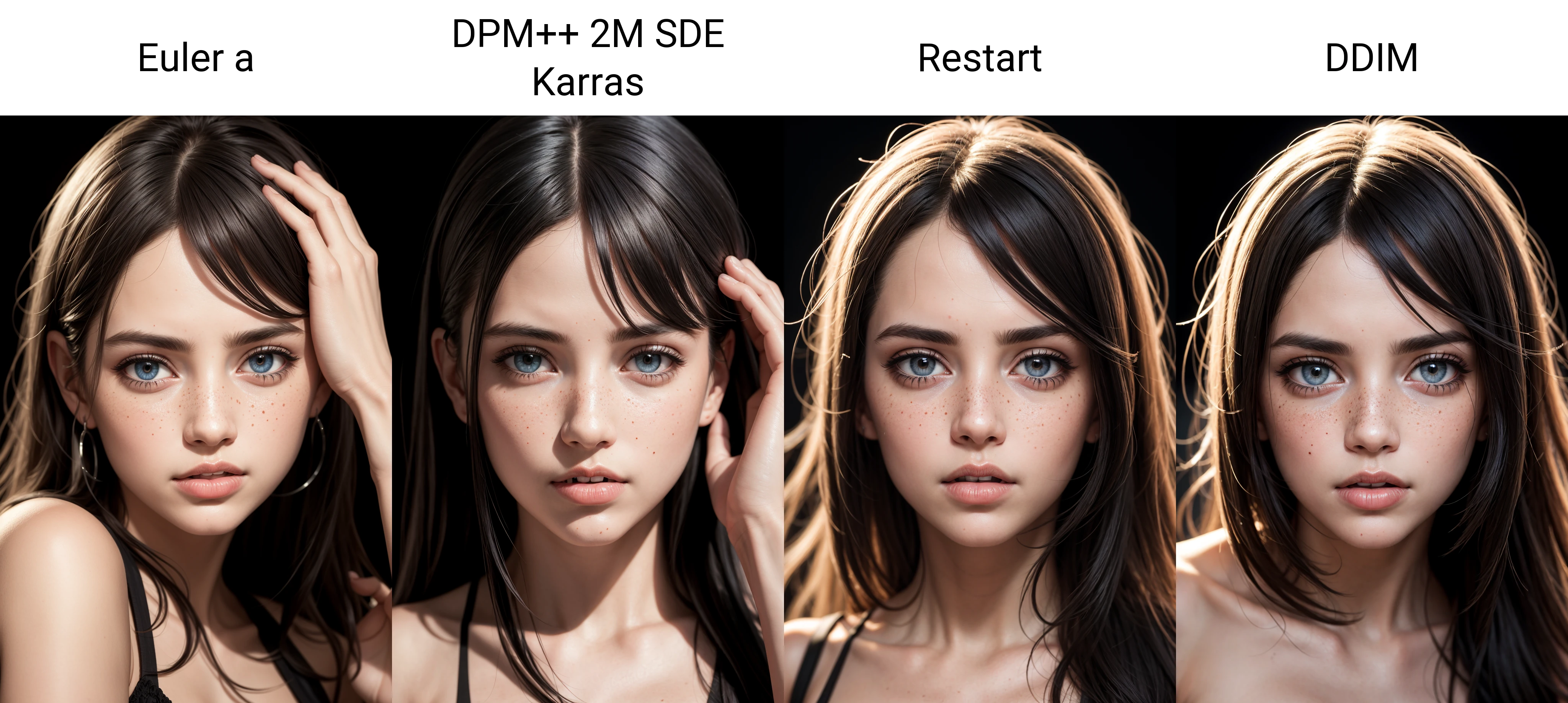 ((8k, best quality, masterpiece:1.3)), ((realistic skin texture:1.2)), ((photorealistic:1.3)), (Rule of thirds)),
((black background)), ((shadow play)), (vibrant colors)),
((glamour photography)), seductive expression, close-up, face, detailed eyes, detailed face, light freckles, long flowing black hair, messy hair, hand in hair,