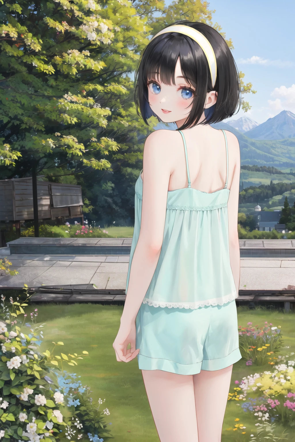 <lora:camipj-10:0.6>, camisole, shorts, outdoors, looking at viewer, black hair, bob cut, mountain, from behind, looking back, smile, lips, hairband, blue eyes