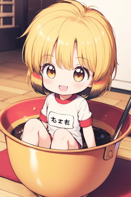 <lora:nyannyan:0.8> nyannyan, 1girl, multicolored hair, brown eyes, gold hair,  short hair.  chibi, toddler, a very young child,  
buruma, blush, gym uniform, smile, open mouth, name tag, child, 
masterpiece, high quality, very_high_resolution, large_filesize, full color,