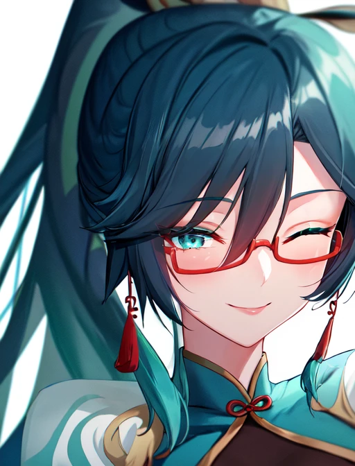 best quality, masterpiece, highres, detailed, digital artwork, <lora:Detail - add_detail:0.2>, XianYunGenshin, two-toned hair, aqua eyes, ponytail, aqua clothes, chinese clothes, gloves, dress, semi-rimless eyewear, pantyhose, <lora:XianYunGenshin:0.9>, close-up, wink, simple background, one eye closed, smile