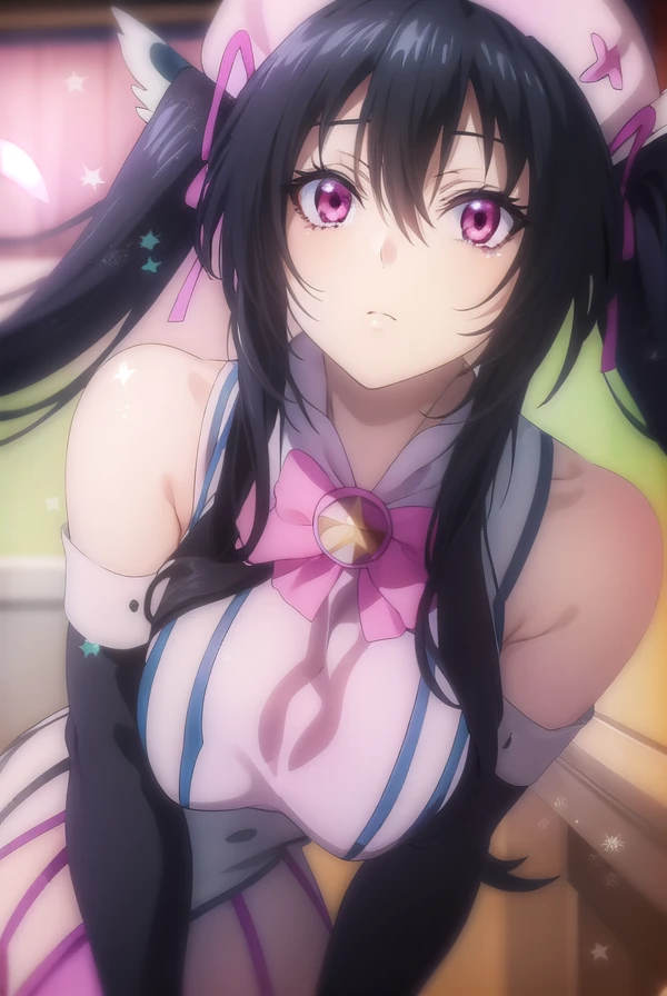 serafallleviathan, <lora:serafall leviathan anime s2-lora-nochekaiser:1>,
serafall leviathan, long hair, black hair, twintails, (pink eyes:1.5),
BREAK gloves, hat, bare shoulders, elbow gloves, fingerless gloves, cosplay, magical girl,
BREAK indoors,
BREAK looking at viewer, (cowboy shot:1.5),
BREAK <lyco:GoodHands-beta2:1>, (masterpiece:1.2), best quality, high resolution, unity 8k wallpaper, (illustration:0.8), (beautiful detailed eyes:1.6), extremely detailed face, perfect lighting, extremely detailed CG, (perfect hands, perfect anatomy),
