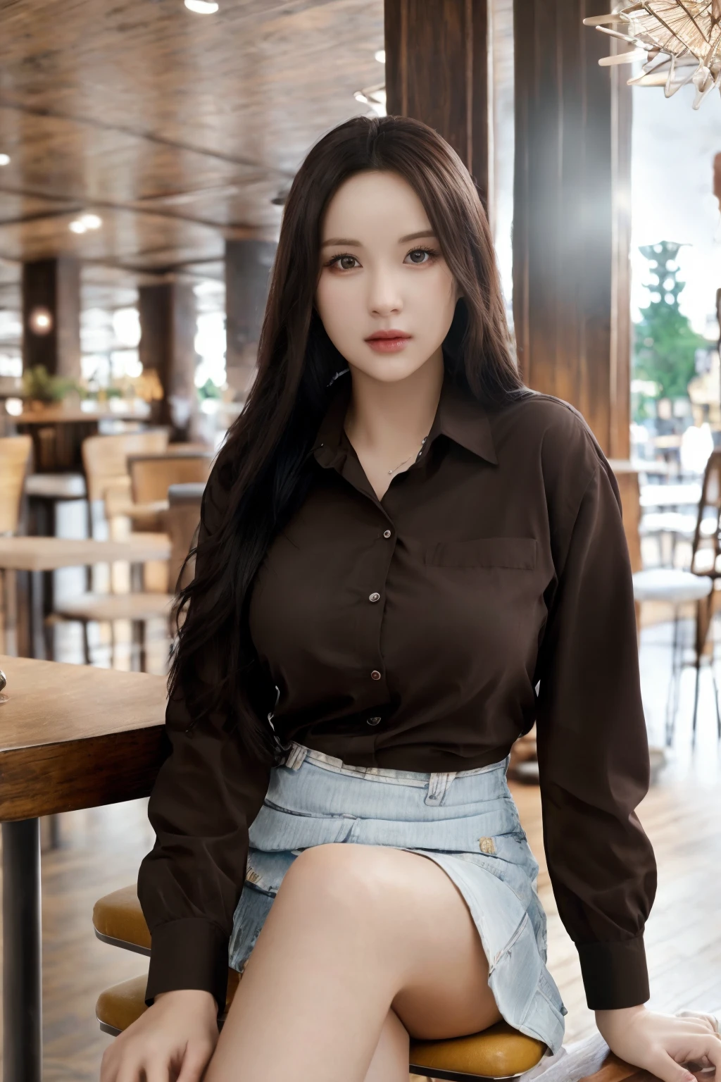 ((best quality)),absurdres,(ultra high res),(photorealistic:1.6), octane render,(hyperrealistic:1.2), (photorealistic face:1.2), amelians, a woman sitting on a chair in a restaurant, perfect female body, looking at viewer, (realistic:1.7), (8k), (Masterpiece), (realistic skin texture),  <lora:amelians-16:0.8>