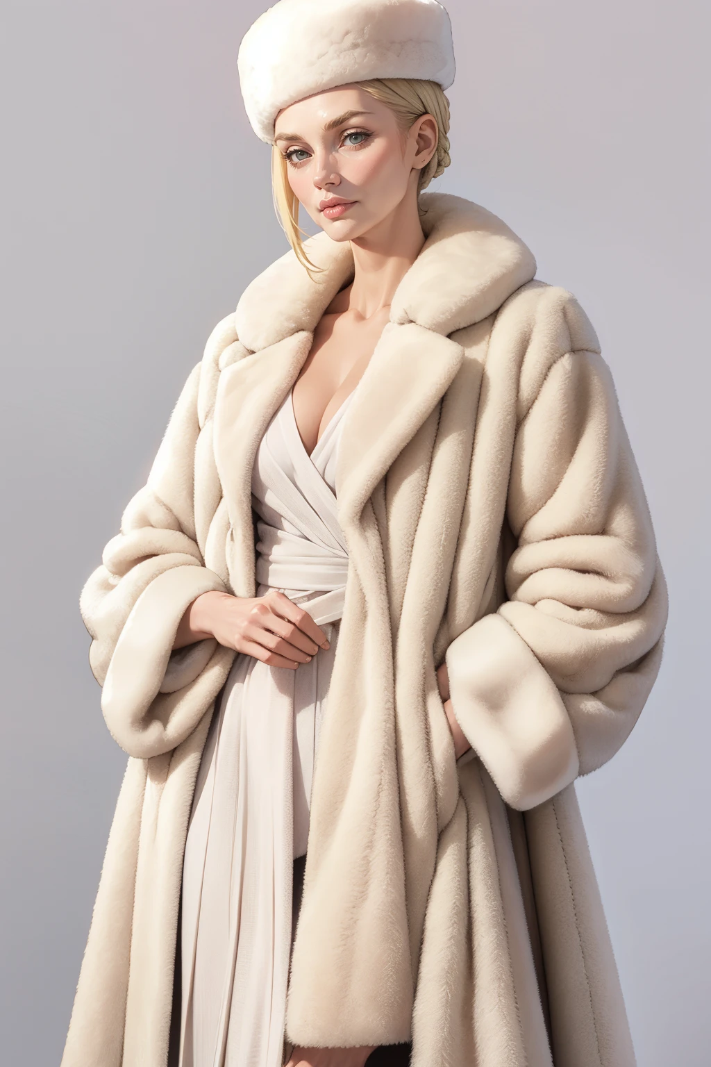 masterpiece, best quality, <lora:age_slider_v20:2>  <lora:detail_slider_v4:2> 1girl, m1nkc0at, mink hat, coat, fur hat, fur coat, mink coat, white mink coat, white fur coat, <lora:m1nkc0at:0.7>, solo, simple background, blonde hair,