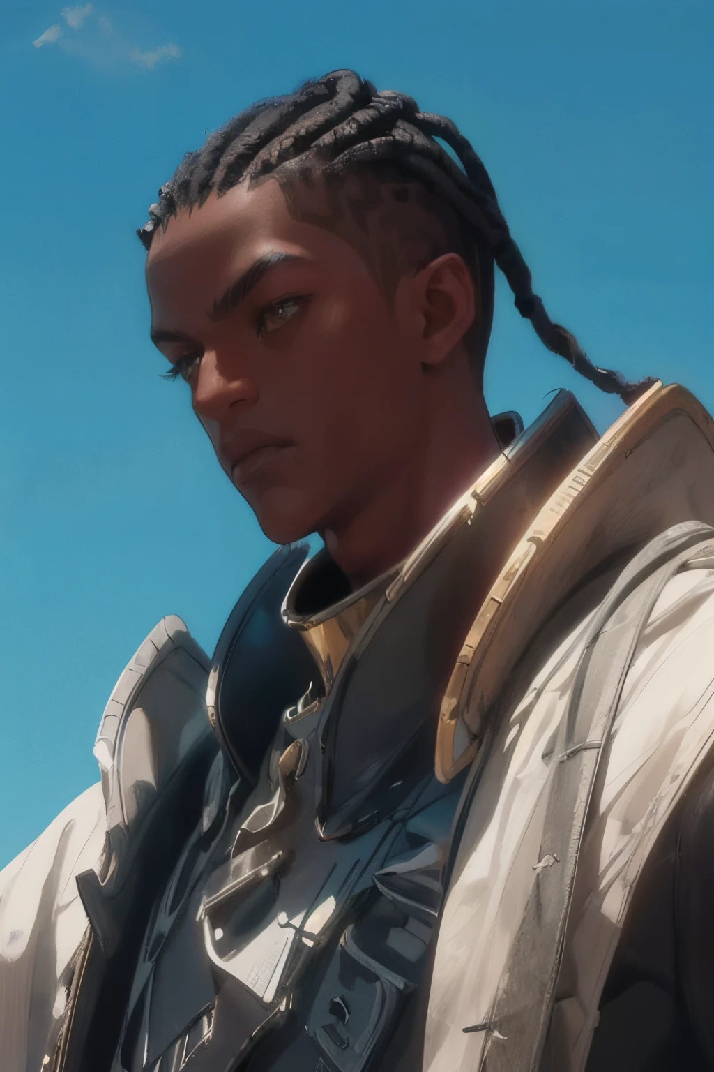 depth of the field, (best quality:1.3), ultra detailed, masterpiece, 8k, (extremely detailed:1.2), perfect shadow effect, solo, rich description of the face, full features, highres, perfect shadow effect, side lighting, correct facial proportions, right body structure, detailed characterization, Golden ratio, perfect anatomy, ((small nose)), pointed face, (masterpiece), 1 boy, <lora:20231218-1702875330710:1>, Brown skin, dreadlocks, man focus, blue sky, cloud