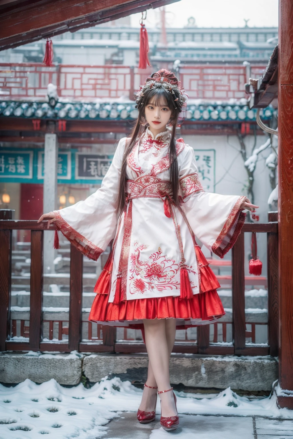 best quality, masterpiece, photorealistic, 1girl, solo, long straight hair, blunt bangs, looking at viewer, full body, hair ornament, cyb dress, chinese clothes, long sleeves, wide sleeves, armband, red high heels, outdoors, snow, chinese architecture, chinese garden, tree, flower, <lora:add_detail:1>, <lora:cn_style_modern_attire_vol2_style5_v1:0.7>