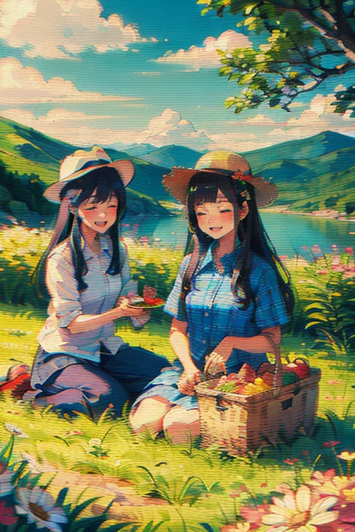 chahua,picnic,(2girls:1.5),outdoors,hat,black hair,food,tree,open mouth,grass,shirt,sky,smile,closed eyes,white headwear,flower,cloud,sitting,long hair,holding,blush,blurry foreground,spoon,blurry,mountainous horizon,blue sky,plaid shirt,day,fruit,petals,mountain,picnic basket,hair ornament,feeding,white shirt,bird,<lora:Color CRT TV:0.9>,