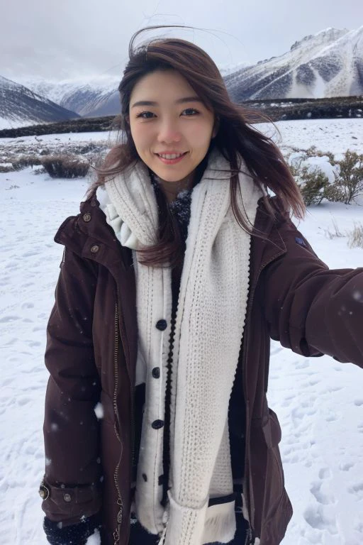 belinda, happy face, selfie, snow, snowy mountain, messy hair blown by wind,
 <lora:Celeb_BelindaChristina:0.8>, , masterpiece, (best quality:1.2), [:intricate details:0.2],