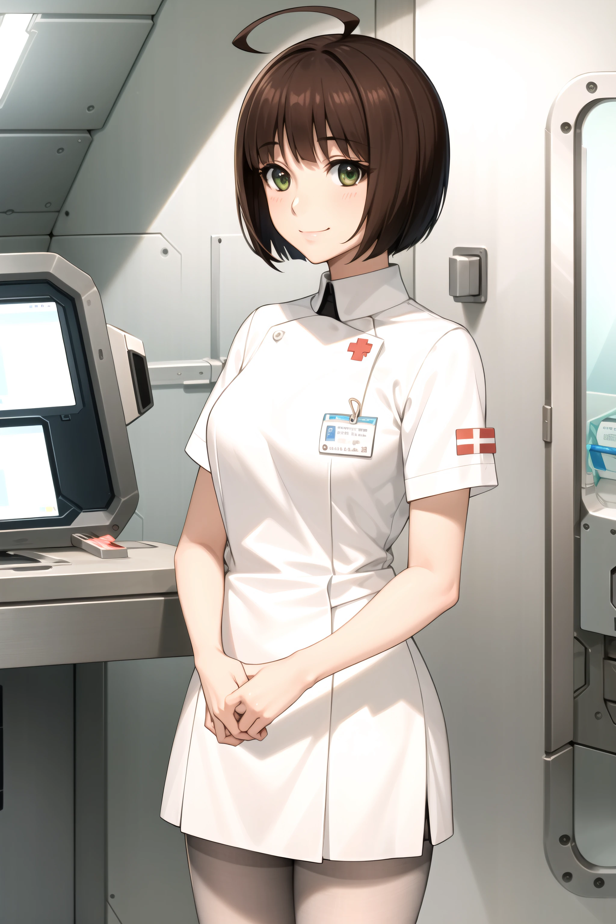 best quality, masterpiece, detailed,
<lora:SpaceBattleshipYamato2199_HaradaMakoto:0.8>, HaradaMakoto,
solo, closed mouth, light smile,
brown hair, short hair, bob cut, ahoge, green eyes,
MakotoNurse, nurse, white pantyhose, name tag,
standing, looking at the viewer, own hands together,
indoors, science fiction, hospital