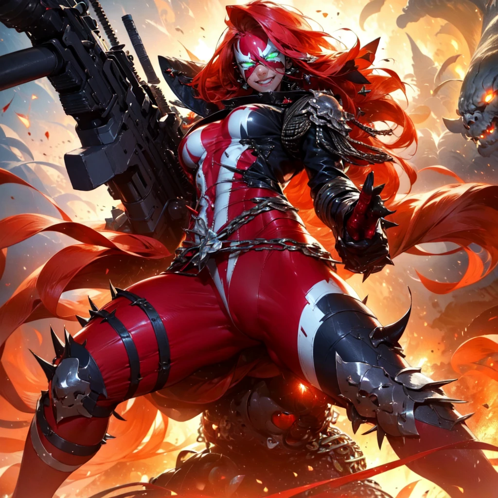 a woman standing in hell minigun ready, smiling, full body <lora:SheSpawnLoRA:1> (SheSpawn with red hair in a red and white mask and costume and green glowing eyes and a black leather jacket with spikes and white armor on the shoulder and chais around her waist and legs holding guns), beautiful eyes, beautiful girl, high detail skin, high detail eyes, high detail hair, highres, ultra detailed, detailed pores, imperfect skin, detailed reflective shiny skin, diffused skin pores,sharpen picture, Highly detailed, masterpiece, best quality