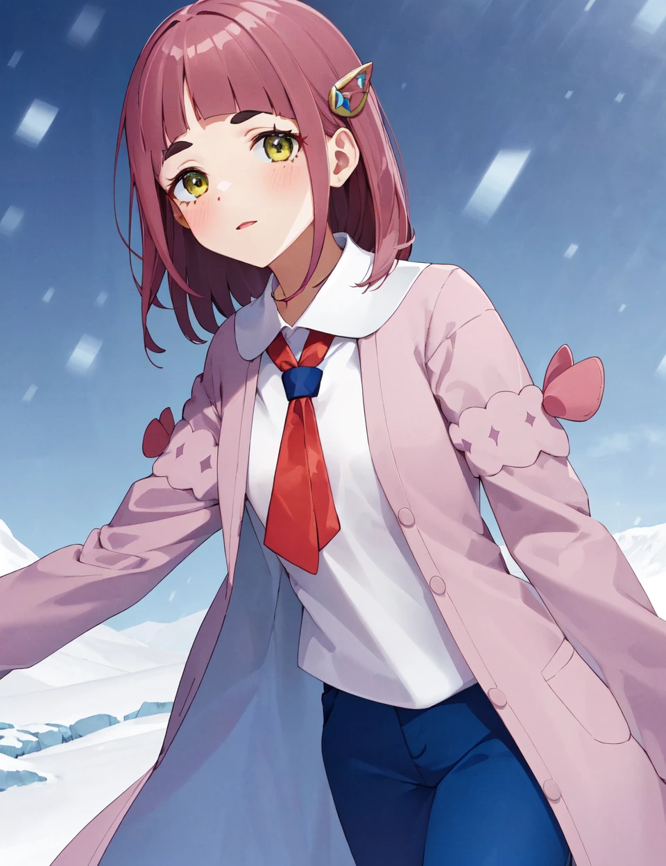 design, interrior, interriordesign (masterpiece, best quality, hi res:1.2), 1girl, (solo:1.2), pklacey, <lora:Lacey Pokemon (pklacey) V2:0.7>, pink hair, detailed skin, tundra, snow, coat, white shirt, blue pants, necktie